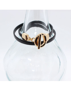 BRACELET CUIR NOIR FERMOIR DORE ASIA