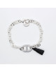 BRACELET ARGENT MAILLE MARINE POMPON CUIR CATERINA