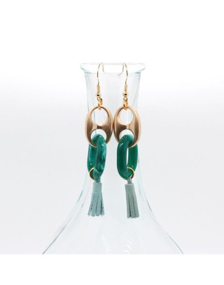 BOUCLES D'OREILLES DOREES GRAIN DE CAFE ET OVALE VERT RITA