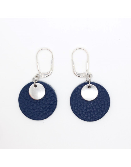 BOUCLES ARGENT MINI MEDAILLE ET ROND DE CUIR BLEU ILANA