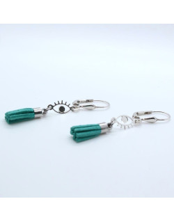 BOUCLES OEIL ARGENTEES POMPON VERT ALEXYA