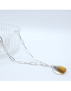 SAUTOIR ARGENTE MEDAILLE ET POMPON JAUNE ELYA